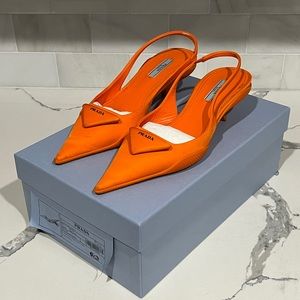 ❌SOLD❌ Prada orange triangle logo nylon/rubber pointed-toe slingback heels
